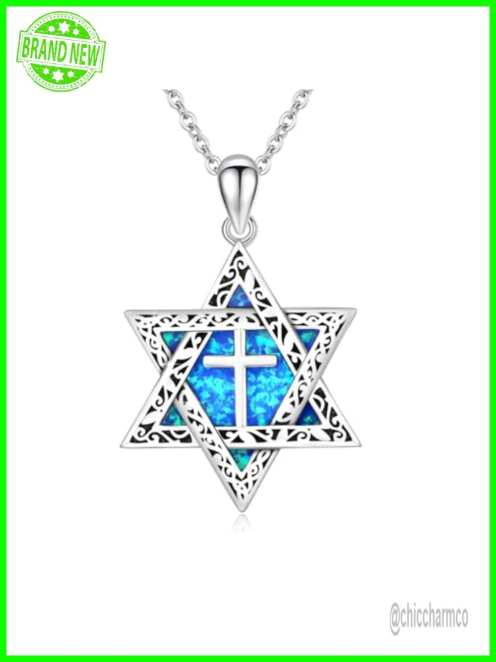 925 Sterling Silver Star of David Cross Pendant Necklace Blue Opal 18+2 Chain